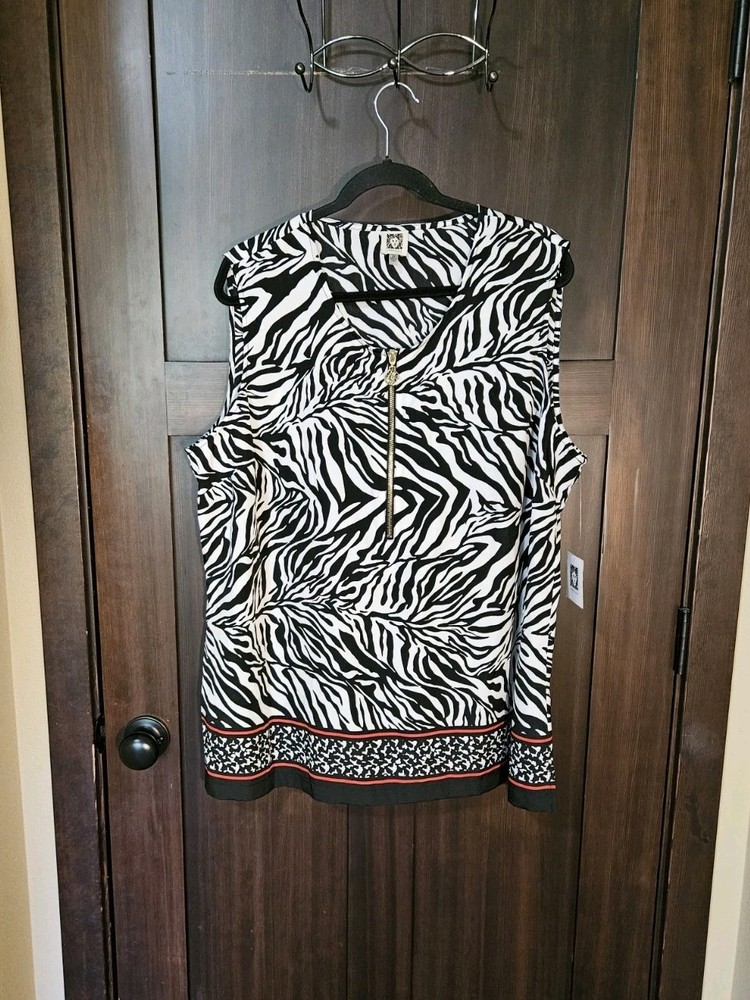NWT Women's Anne Klein Zebra Print Satin Sleeveless Blouse Tank Top Size 2X