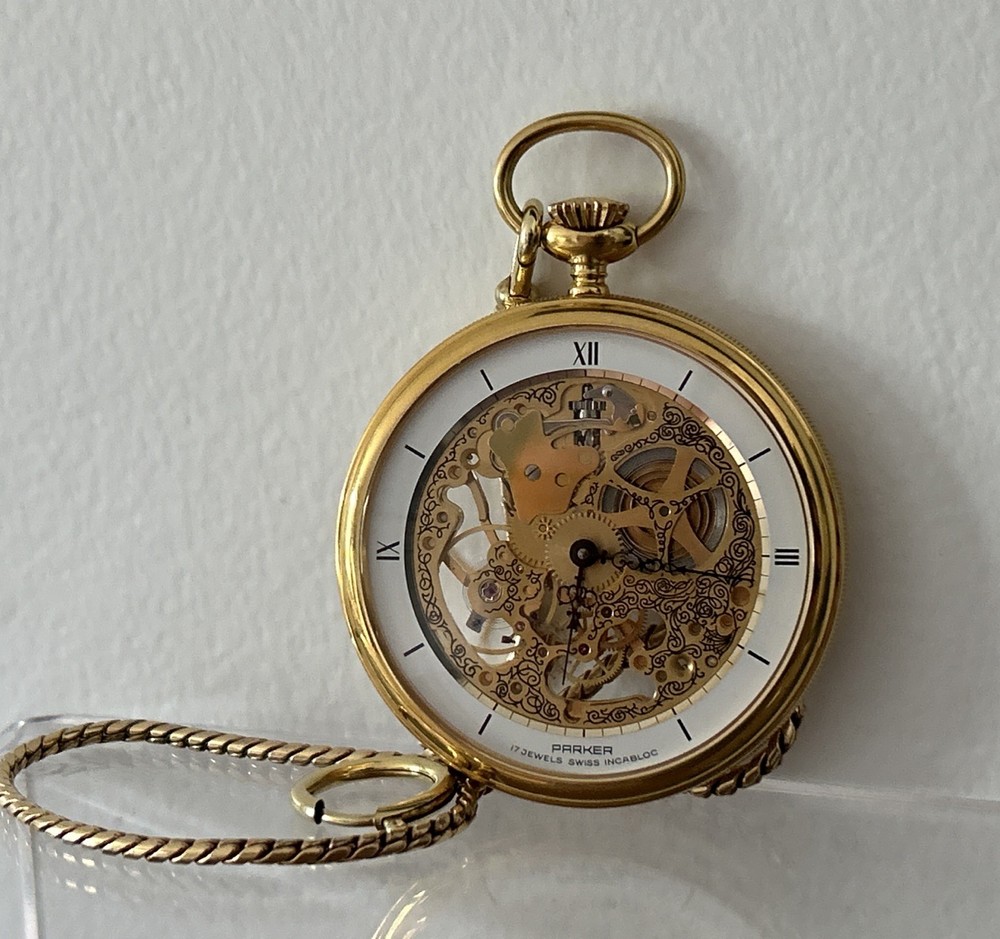 Vintage Parker Skeleton 17 Jewel Swiss Incabloc Pocket Watch w 1/20 14k GF Chain