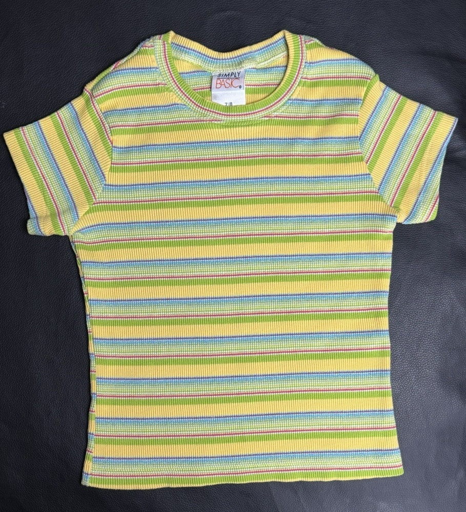 Vintage 90s Baby Tee Y2K Glitter Ribbed Striped Shirt Green XS Tiny Top Retro