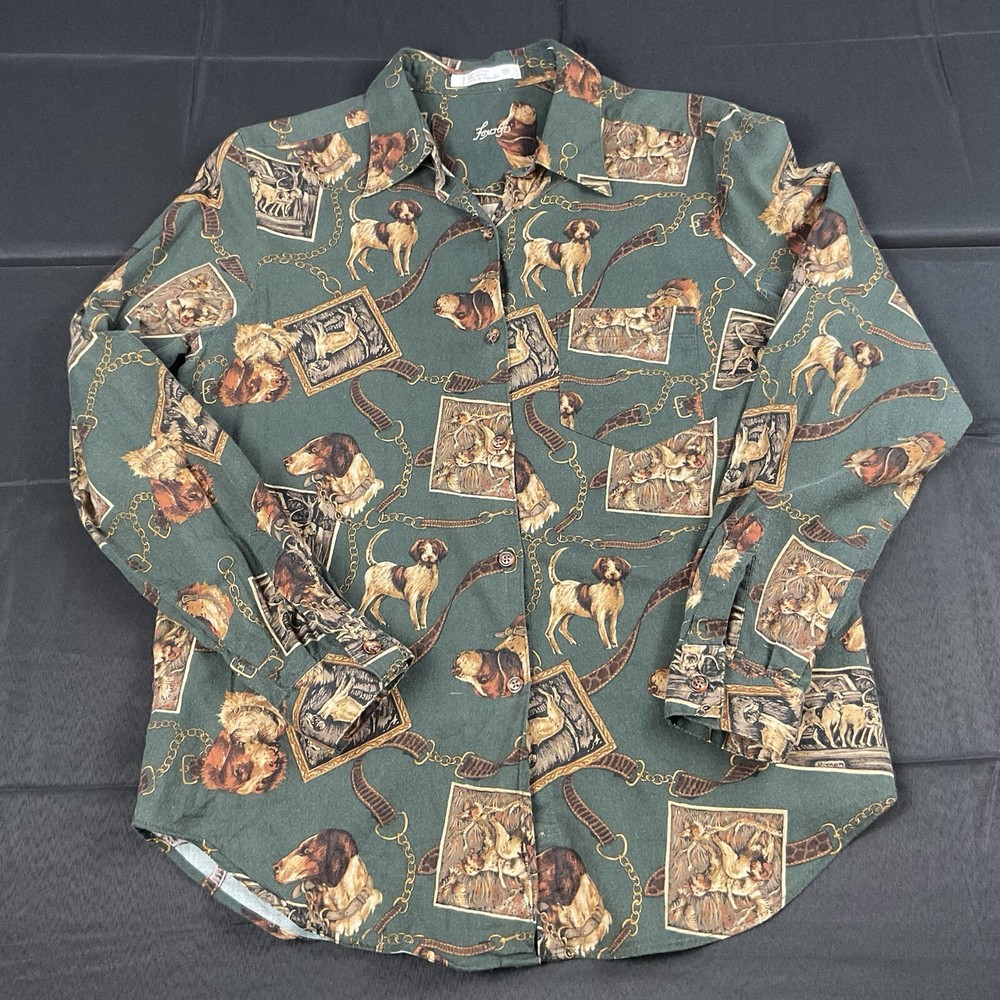 Foxcroft Button Up Shirt Blouse Cotton Blend Green Dog Print Size 10 Old Money