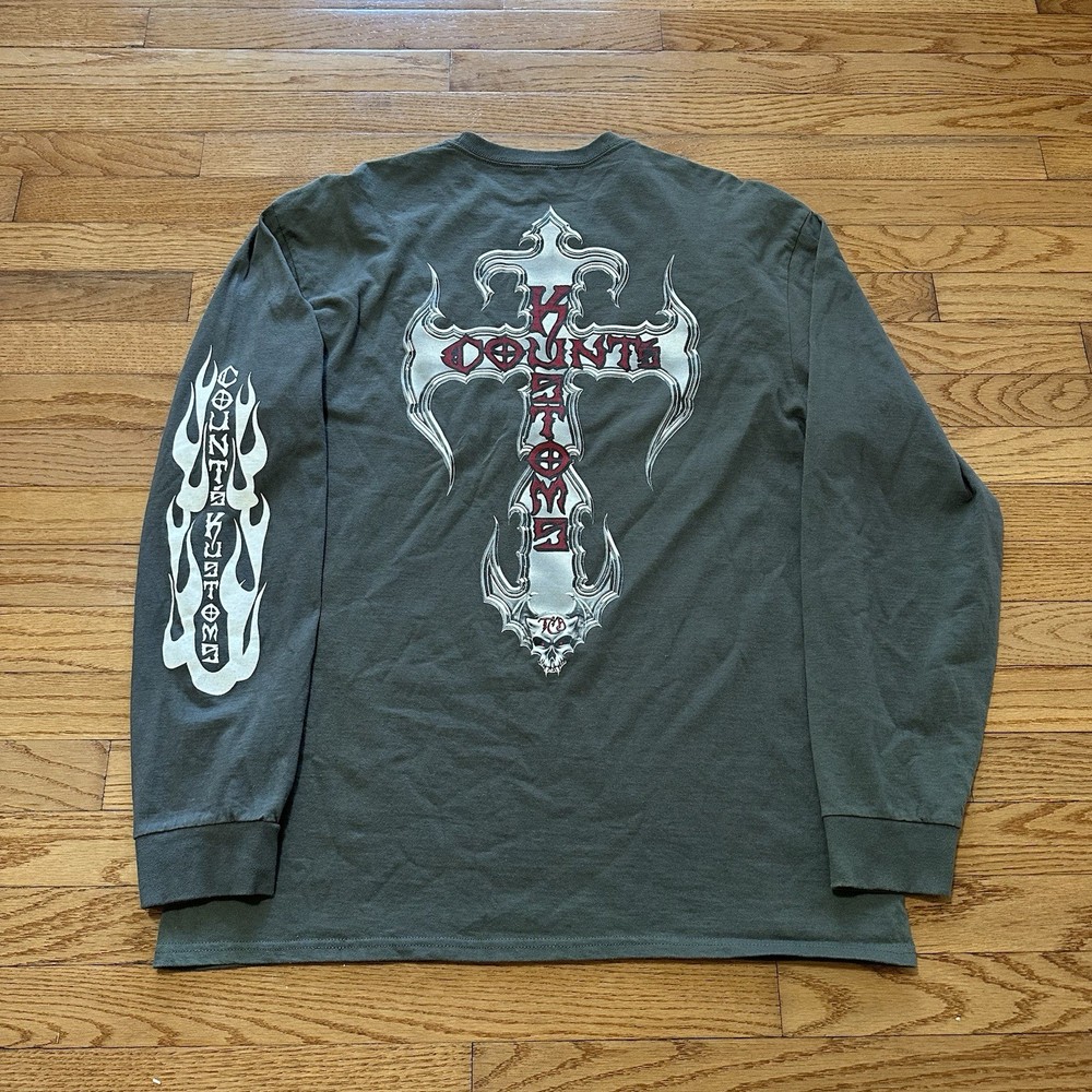 Count's Kustoms Las Vegas Cross Skull Flames Long Sleeve T-Shirt Mens XL
