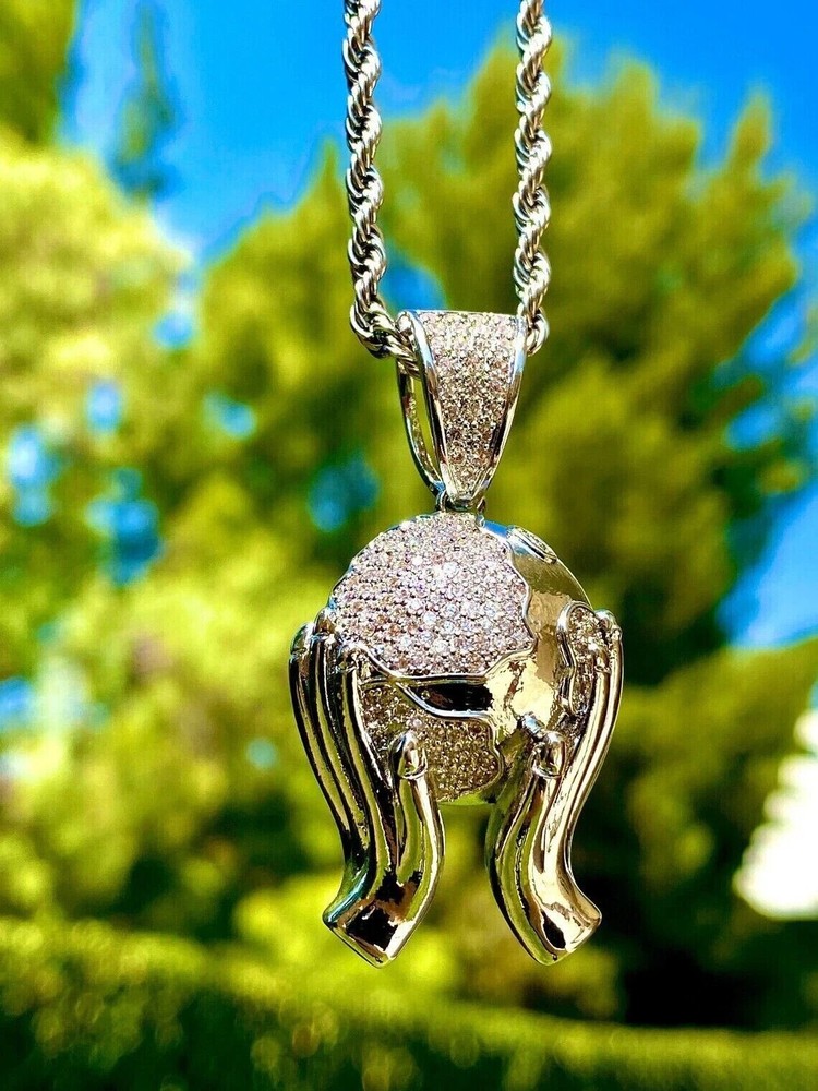 1.55Ct Lab Created Diamond Unisex World In Hands Pendant 14K White Gold Plated