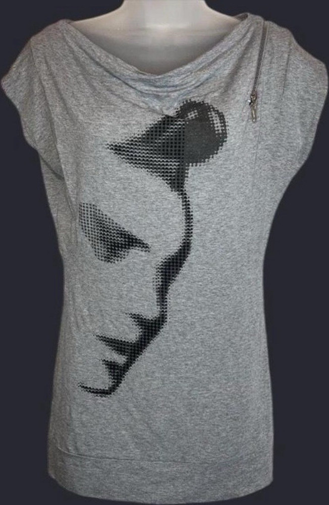 Pink Rose Womens Gray Graphic Print Cowl Neck Studded Zipper Cap Sleeve Tee M