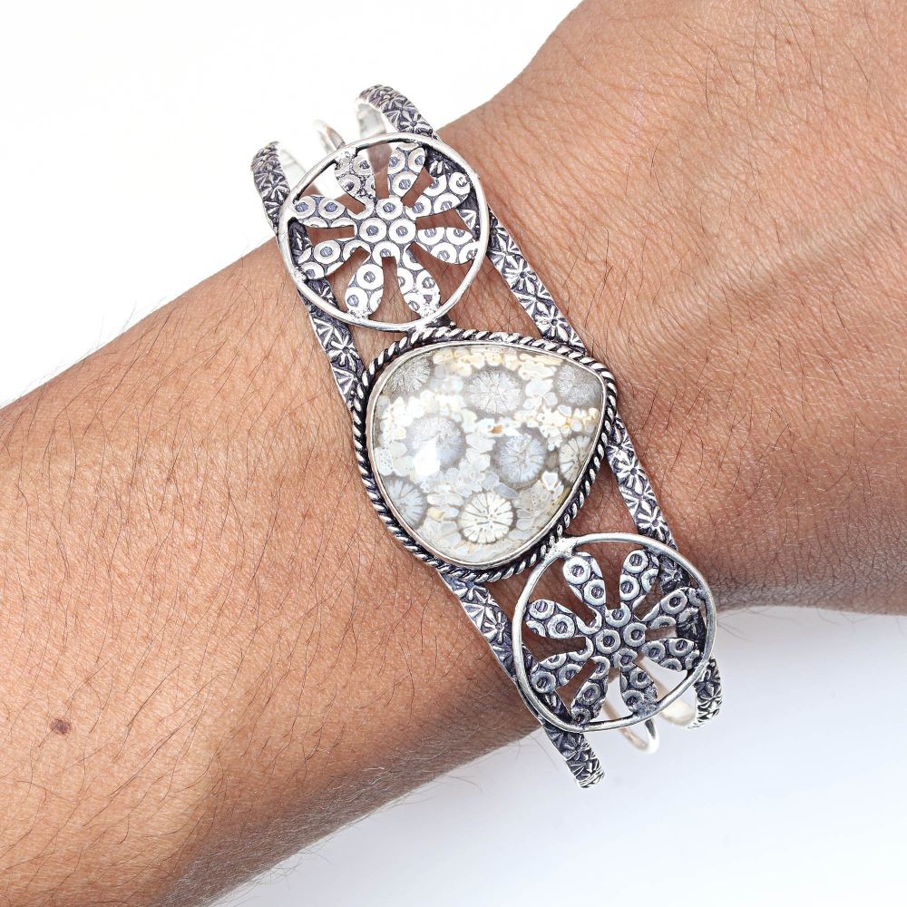 Fossil Coral Gemstone Antique Adjustable Cuff Bracelet 7 Inch