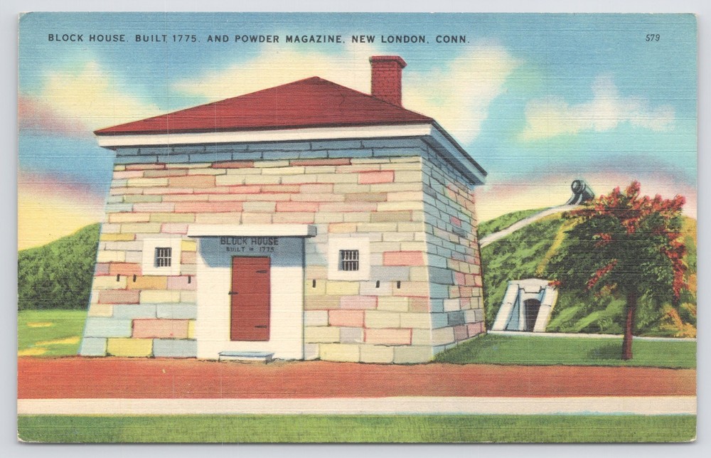Linen~Panorama Block House & Powder Magazine New London CT~Vintage Postcard