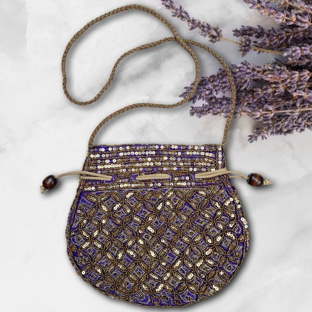 Vintage Gypsy Boho Small Gold Beaded Sequined Purple Satin Lining Pouch Bag