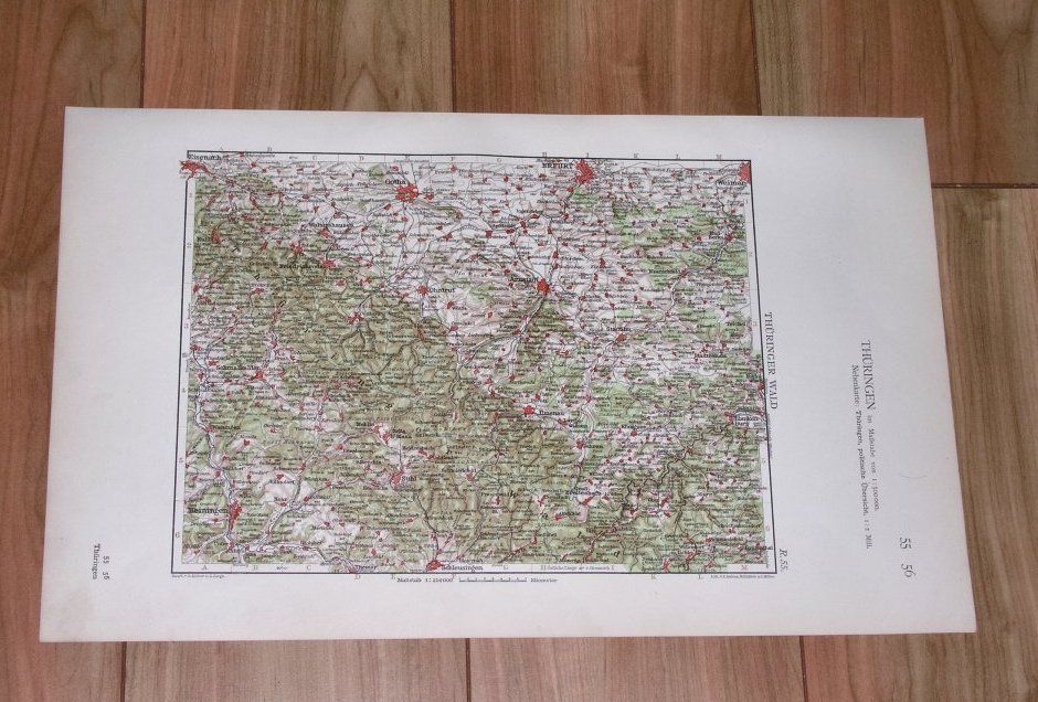 1924 Original Map Of Thuringian Forest Mountains / Thuringia Thüringen Germany