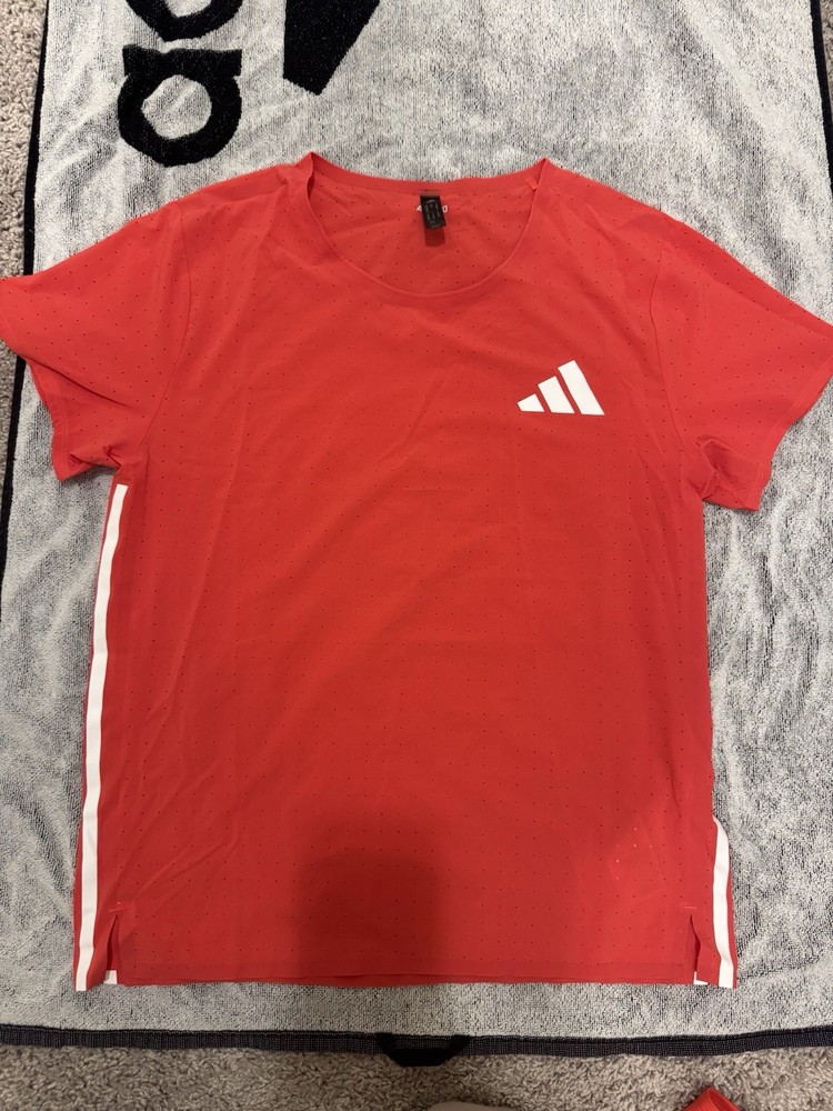 adidas Women’s Red White T-Shirt Logo Side Stripes