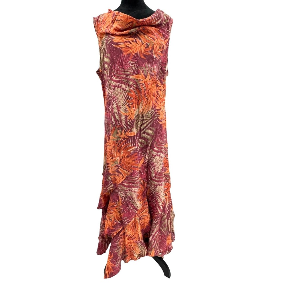 Vtg Paradise NY Maxi Dress XL Tropical Asymmetrical Hem Ruffle Resortwear