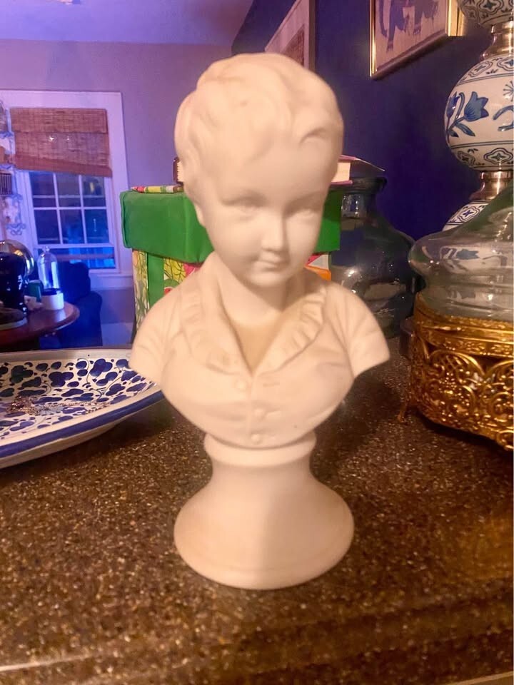Vintage French Ceramic Bisque Pedestal Bust Young Boy White 8.5 Inch