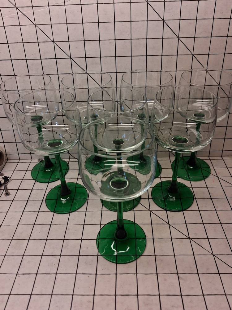 Vintage Luminarc France Green Stem Wine Glasses - Set of [X] Clear Bowl Emerald