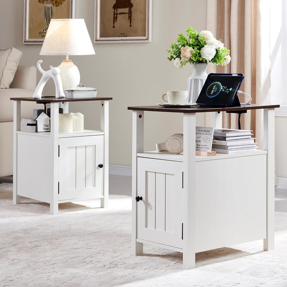 Farmhouse Nightstand Set of 2, End Table with Charging Station, Rustic Side
