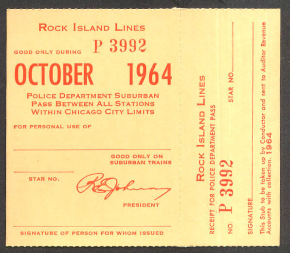 Rock Island Lines Police Department Suburban Pass Chicago City Limits 10 1964