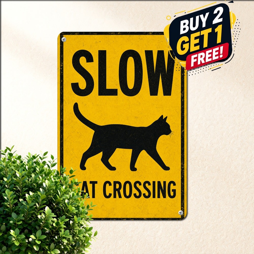 Slow Cat Crossing Black Yellow Sign High Contrast Pet Safety Warning Tin Plaque
