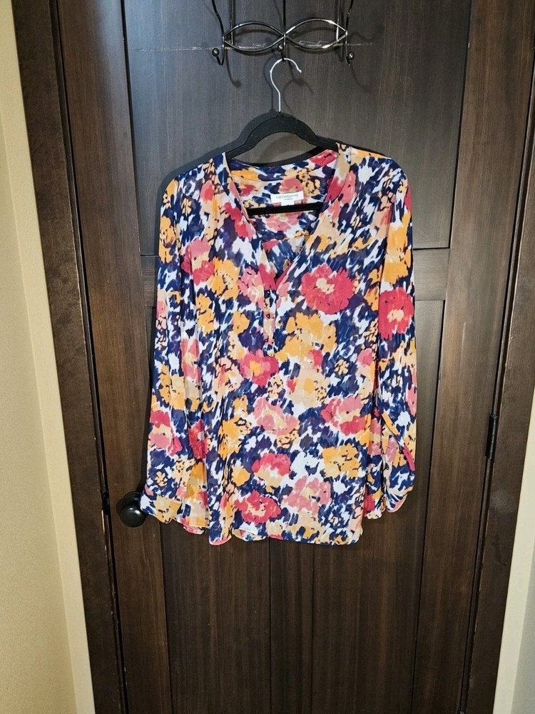 EUC Women's Plus Liz Claiborne Chiffon Floral LS Tunic Blouse Top Size 1X
