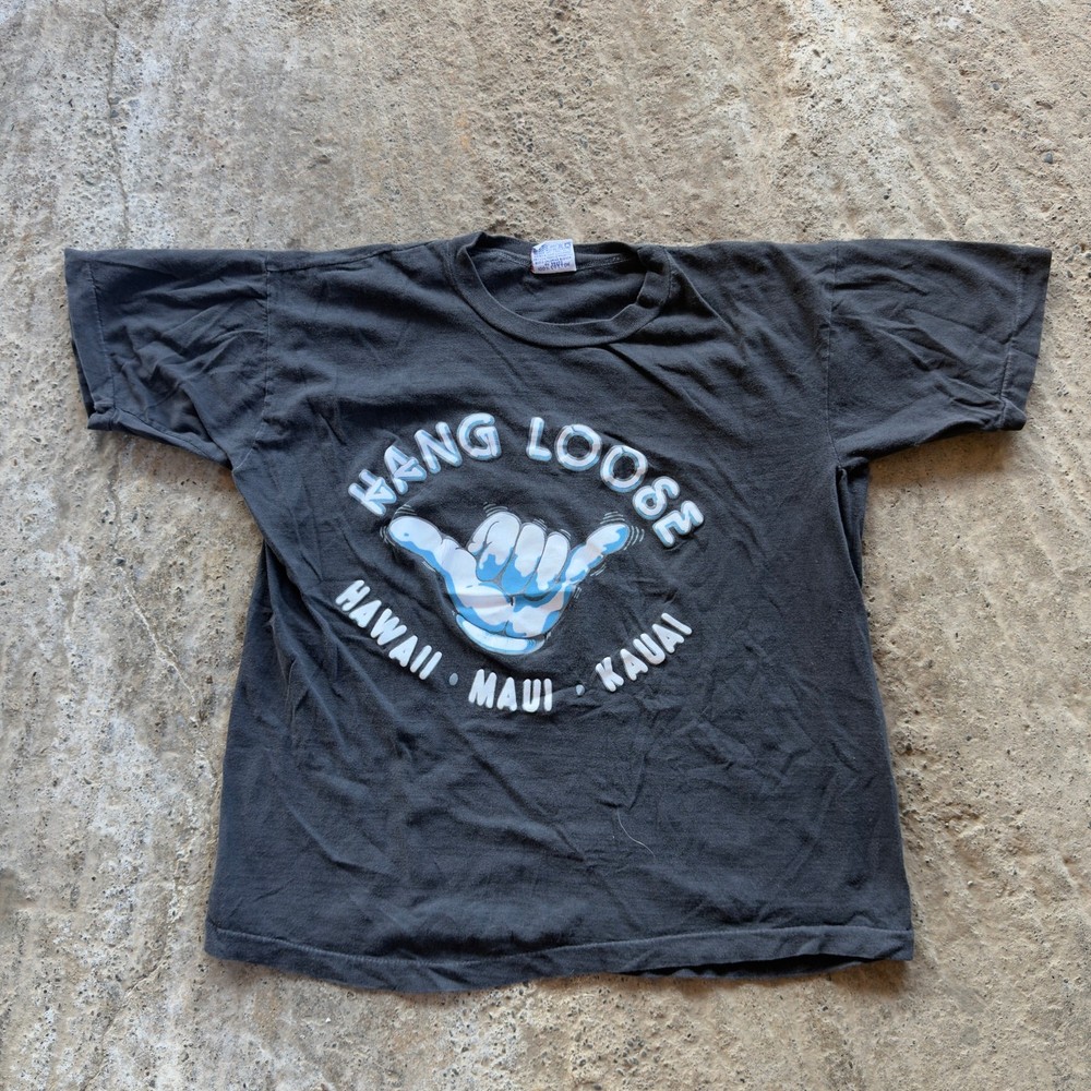 Vintage Hang Loose Hawaii Maui Kauai Surf Shirt Graphic Tee Men's XL 90s Black