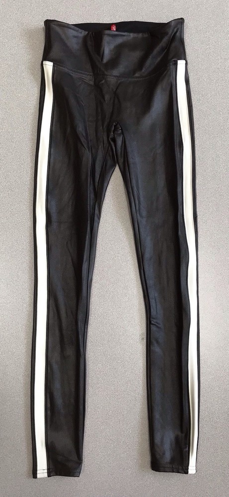 Spanx Leggings Womens Size Small Black Faux Leather White Side Stripe Stretch