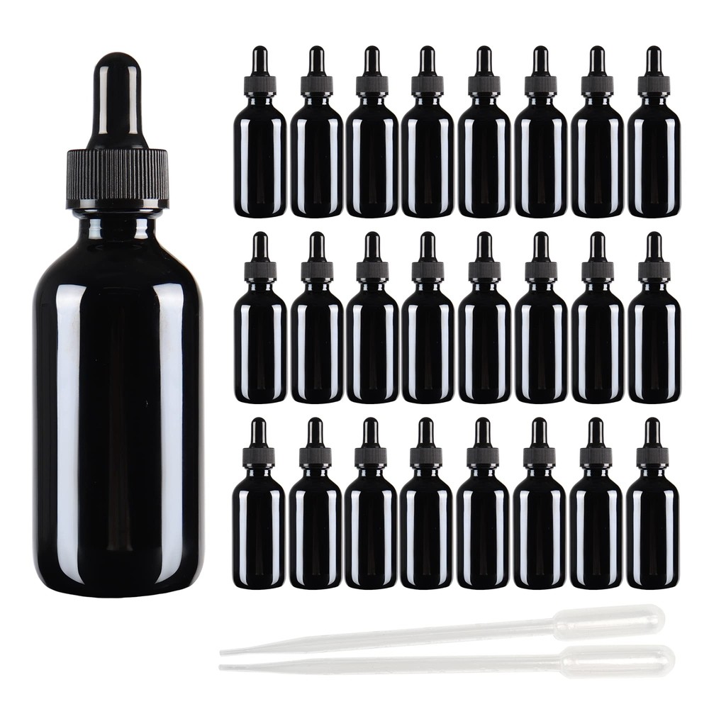 Black Glass Dropper Bottle 2 oz (24 Pcs 60ml with Measured Pipettes, 2 Long P...