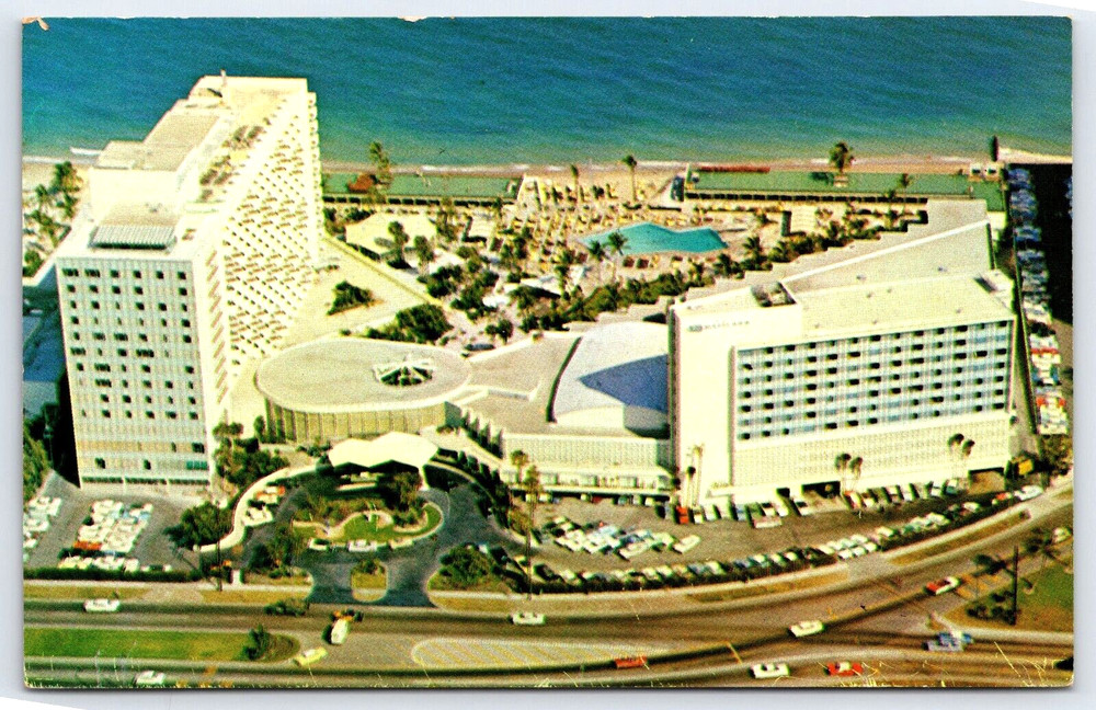 Vintage Photo Postcard Miami Beach Florida New Americana Hotel Cars Pool Ocean