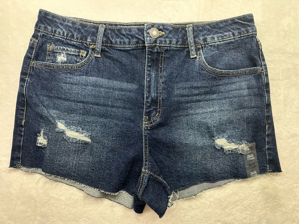 SO Juniors High Rise Cut Off Denim Shorts Size 17 33W Distressed Raw Hem Blue