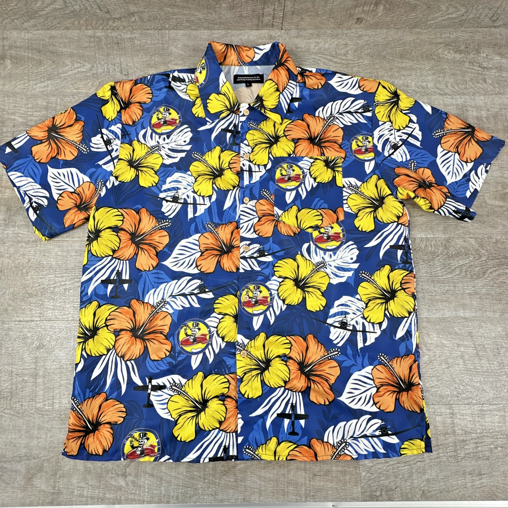 85th Flying Training Squadron Mens Hawaiian Shirt Size L Blue Floral Button Up