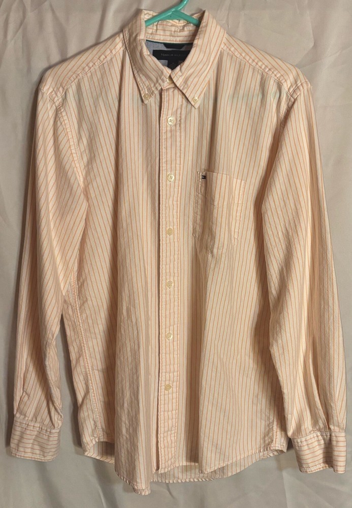 Tommy Hilfiger Mens M Medium Long Sleeve Button Down White Orange Stripe Shirt