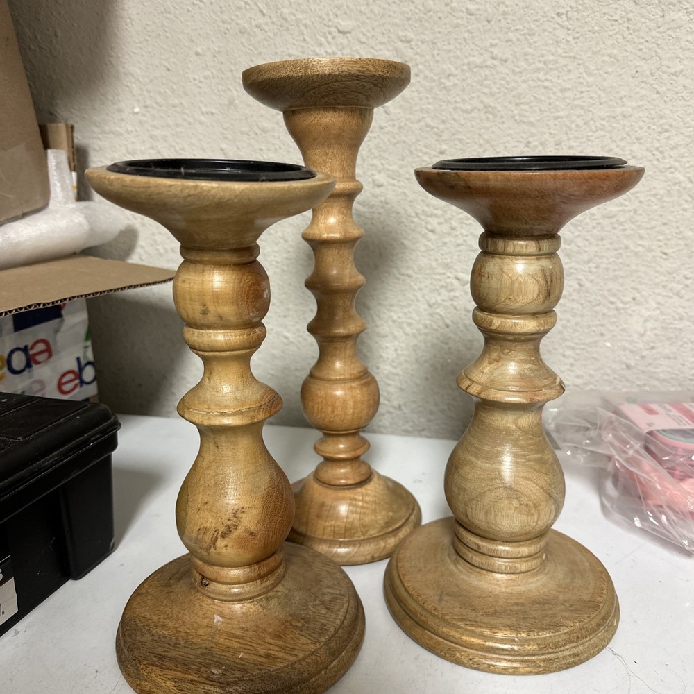 Wooden Pillar Candle Holder  Tall Set of 3