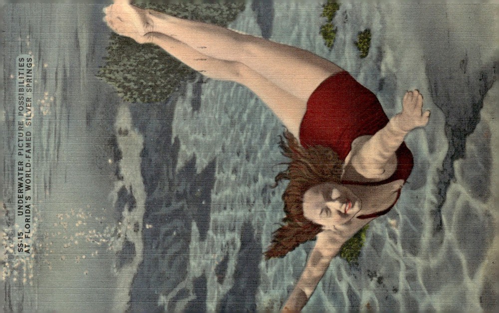 1950s Silver Springs Ocala FL Linen Underwater Swimmer Red Swimsuit Postcard