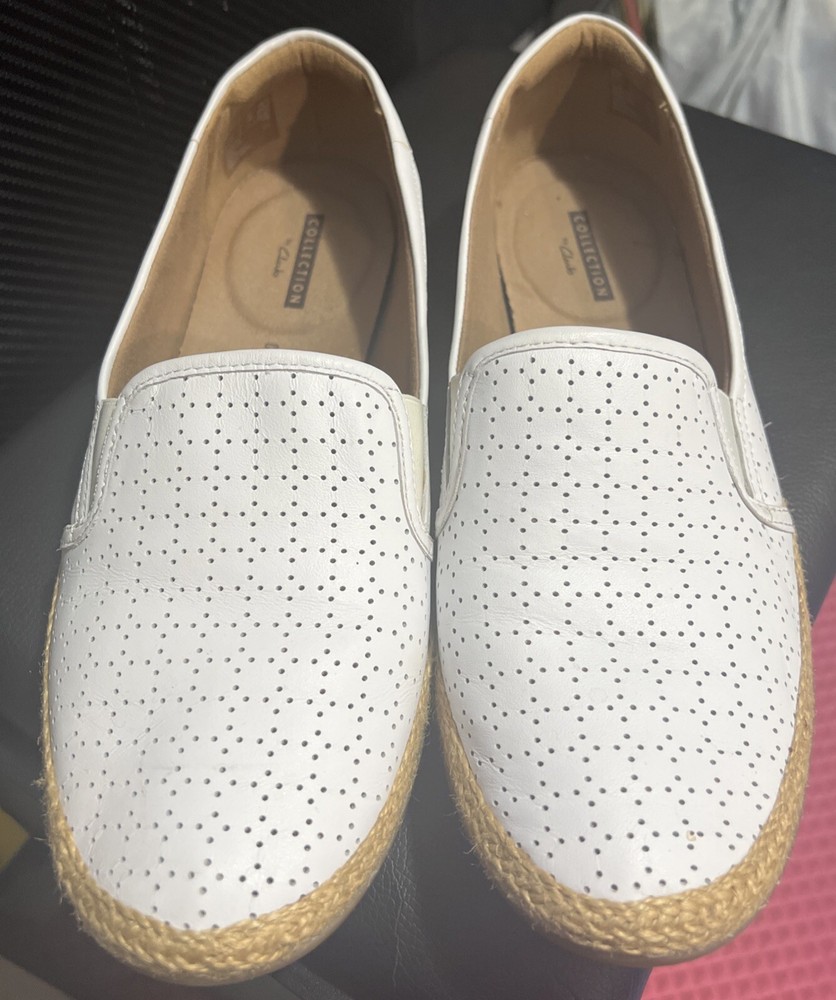 Clarks Elaina Ruby White Leather Perforated Slip On Flats Size 9M
