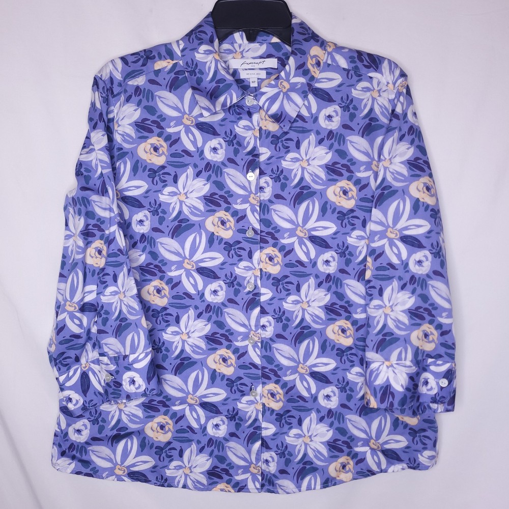 Foxcroft Shirt Womens 16P Floral Blue Ruby Brushstroke Iris Blossom Wrinkle Free