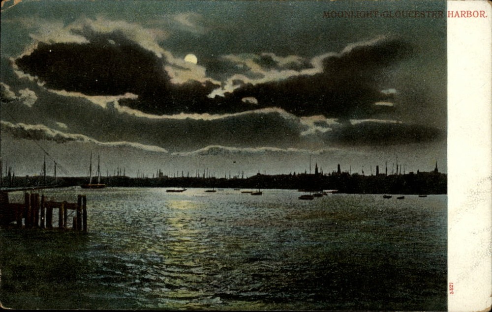 Moonlight Gloucester Harbor vintage postcard UDB c1905 night sailing ships p758