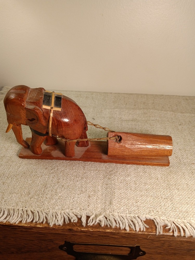 Hand Carved Wood Elephant Pulling Log Sculpture, Chains, Vintage