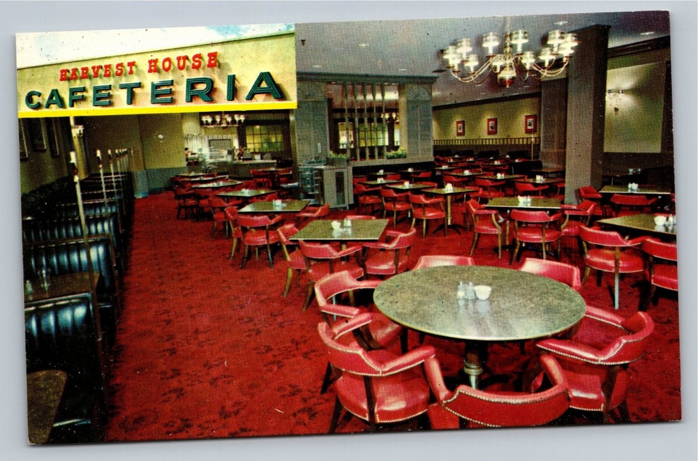 Vintage Harvest House Cafeteria Interior Postcard Red Chairs 1950s