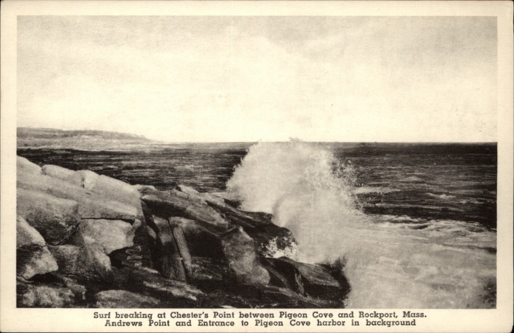 Surf Breaking Chester's Point Pigeon Cove Rockport Massachusetts postcard m919