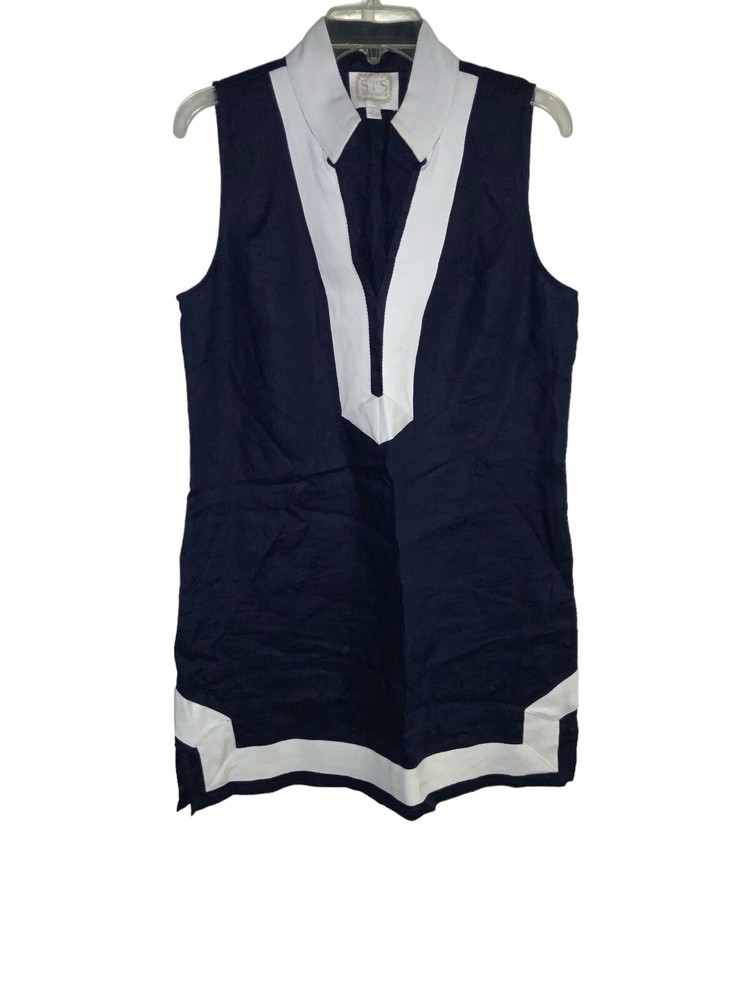 STS Sail to Sable Navy Blue White Trim Linen Sleeveless Tunic Dress Size L