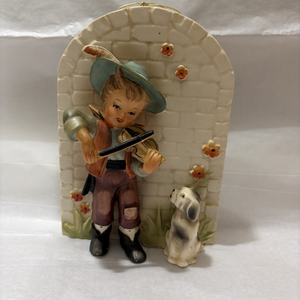 Vintage Erich Stauffer Boy With Violin And Dog Wall Hanging Figurine
