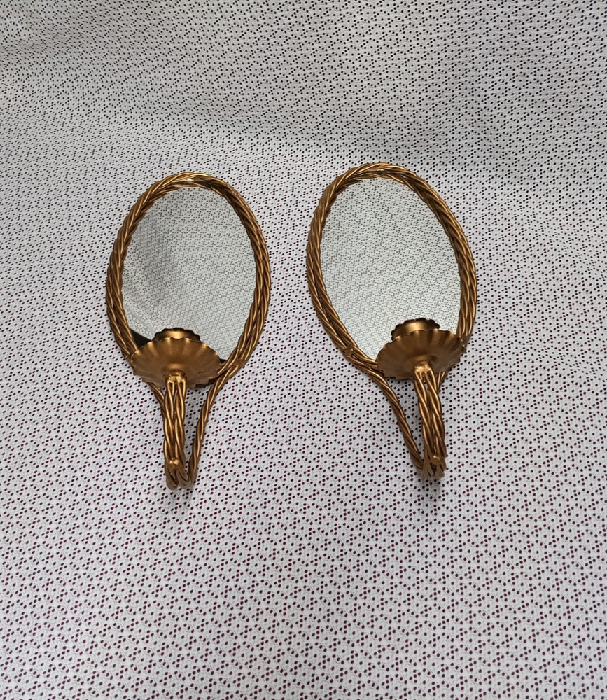 Vintage Metal Pair of Gold Twisted Rope Oval Mirror Wall Candle Sconces   13