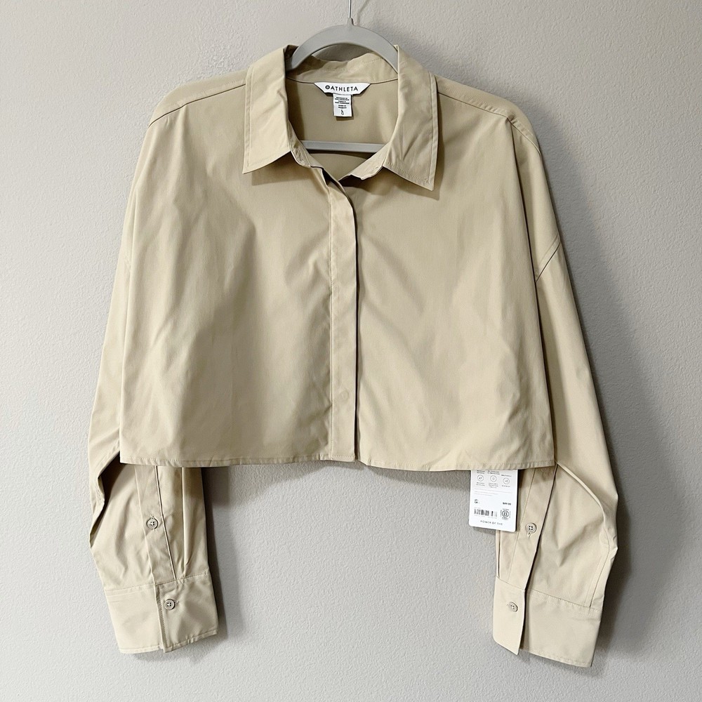 Athleta NWT Midday Ultra Cropped Poplin Shirt Ecru Tan Size Large Button Front