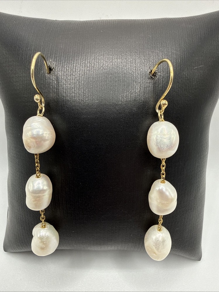 Vtg Long 925 Sterling Silver Vermeil Pearl Dangle Drop Earrings.