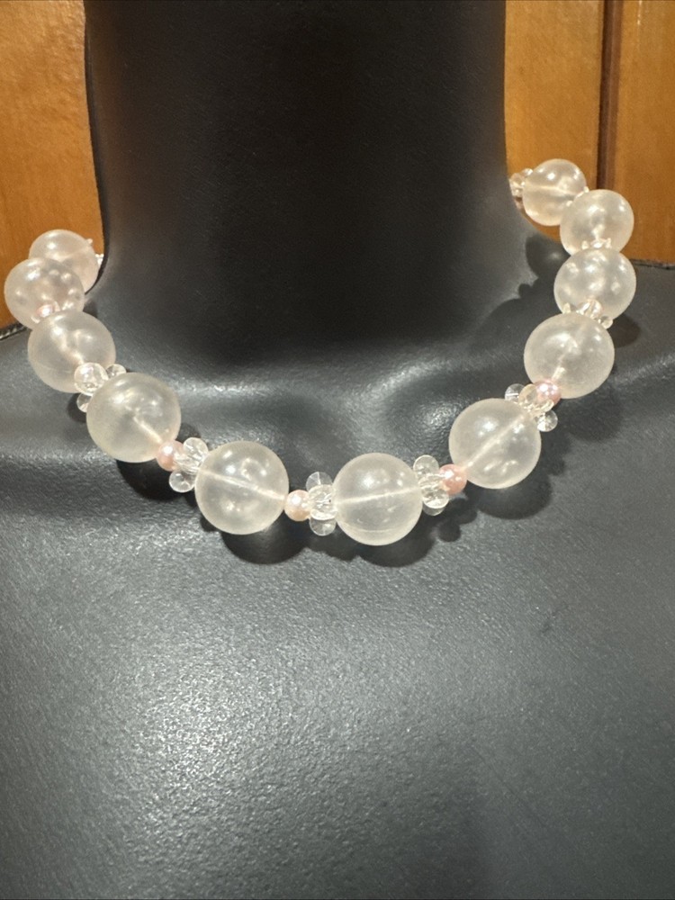 Crystal Rhinestone And Pink Faux Pearl Beaded Choker Necklace Vintage Estate