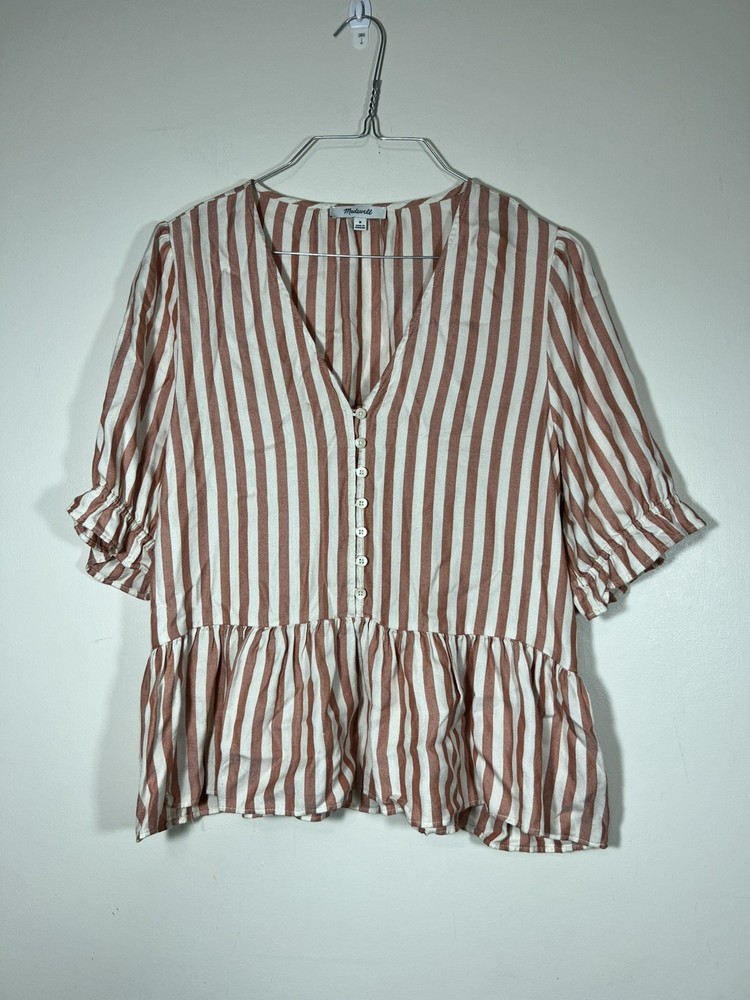 Madewell Women’s Sz M Courtyard Ruffle Hem Peplum Top In Stripe Pink White