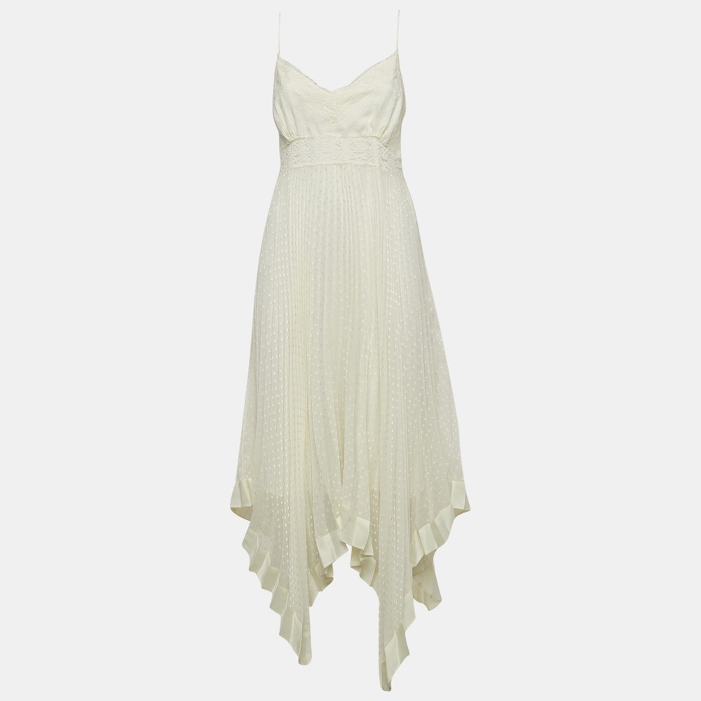 Zimmermann Ivory White Lace-Trim Chiffon Pleated Espionage Midi Dress L