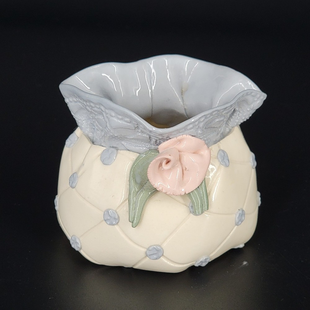 Signed Studio Art Pottery Vase Bowl Quilted Pattern Floral Accent White Blue 3