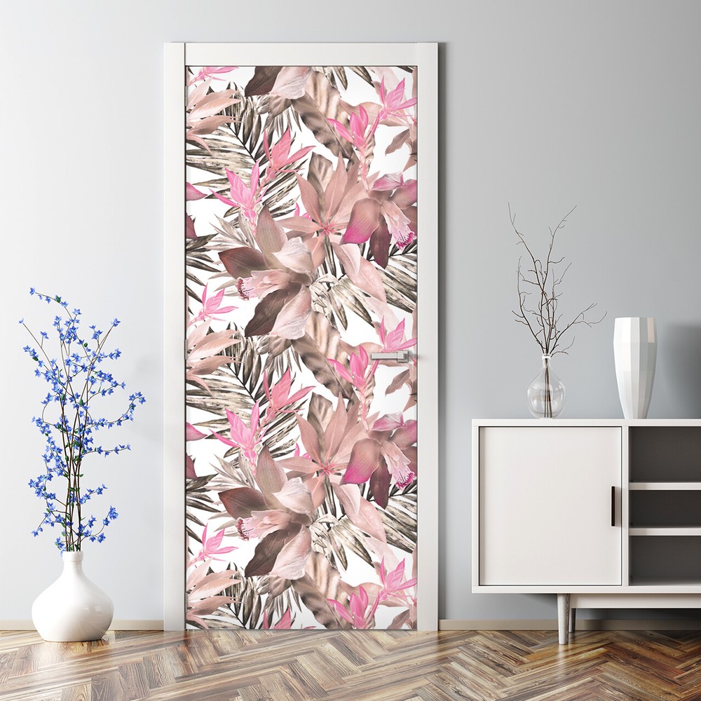 Tropical Pink Bubble Free Repositionable Door Decal with Exotic Floral Design