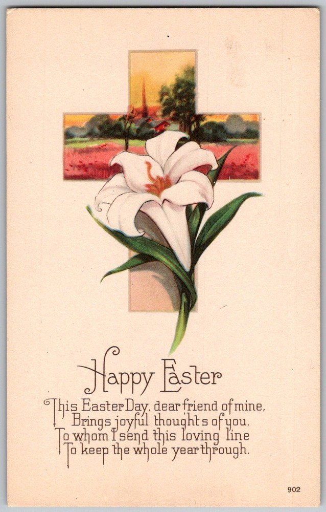Antique Postcard Happy Easter Lily Cross 1910s