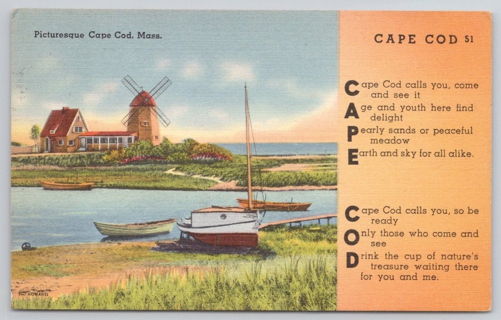 Vintage 1953 Cape Cod Windmill Boats Linen Postcard Tichnor Bros. Wellfleet MA