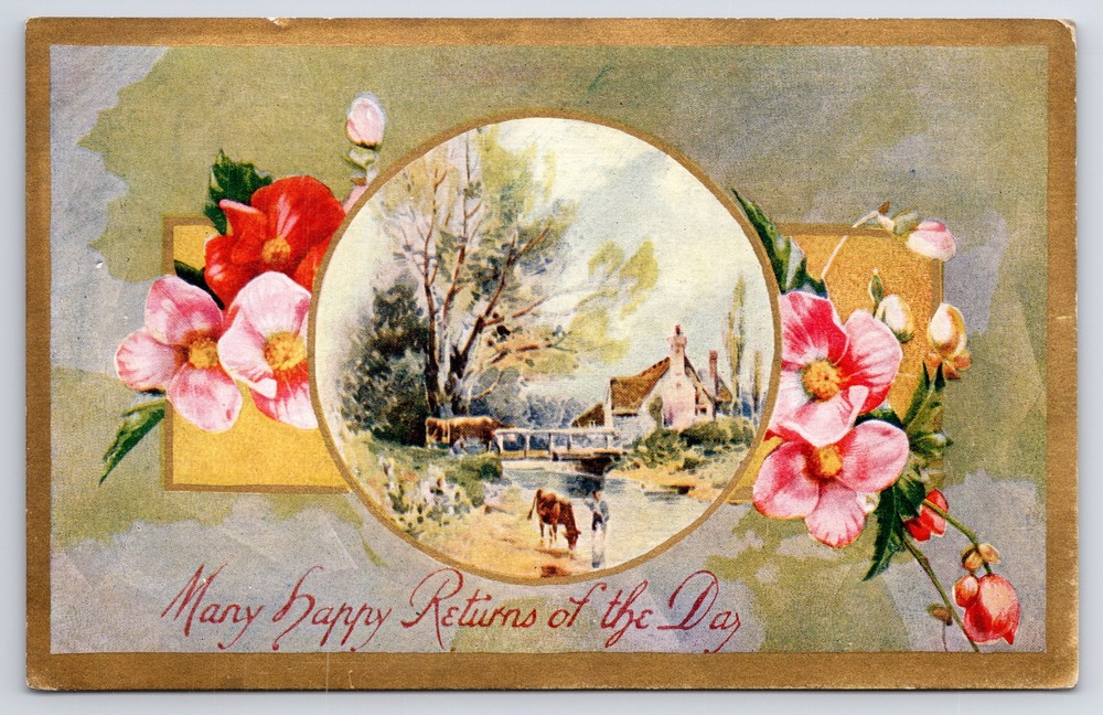 Greetings~Happy Returns Of The Day~Cattle Drinking From Stream Inset~PM 1910 PC