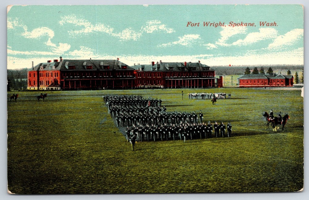 Military~Spokane Washington~Soldiers Marching @ Fort Wright~Vintage Postcard
