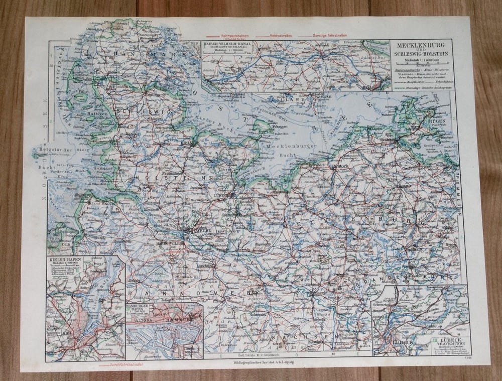 1936 Original Vintage Map Of Hamburg Schleswig-Holstein Mecklenburg Germany