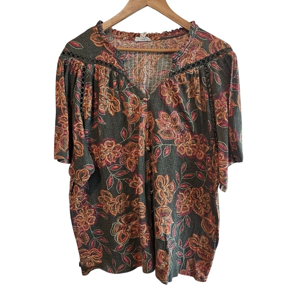 Como Blu Boho Blouse Womens 2X Green Floral Cottage Relaxed Peasant Fairy